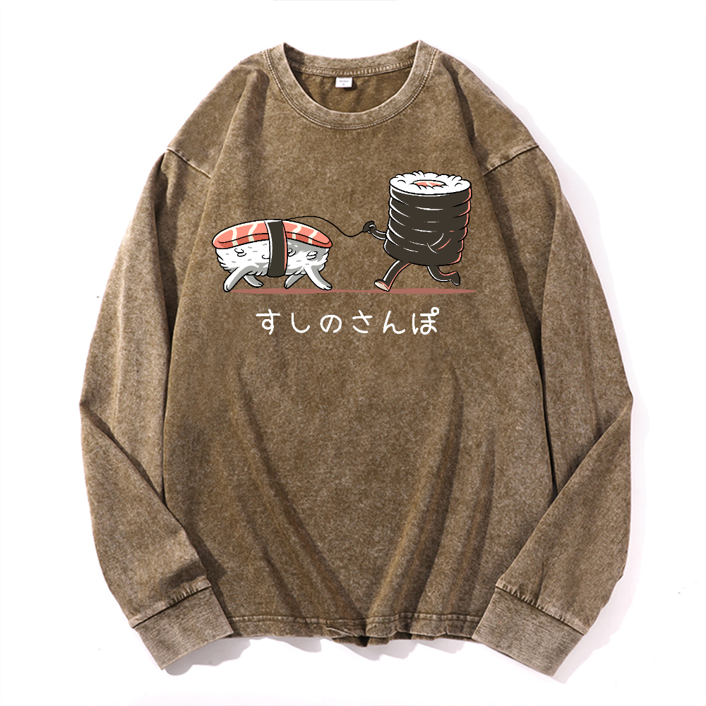 Sushi Vintage Cotton Wash Crewneck Long-Sleeve T-Shirt