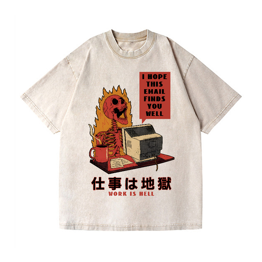Skull Work Is Hell Vintage Wash Japanese Design T-Shirt