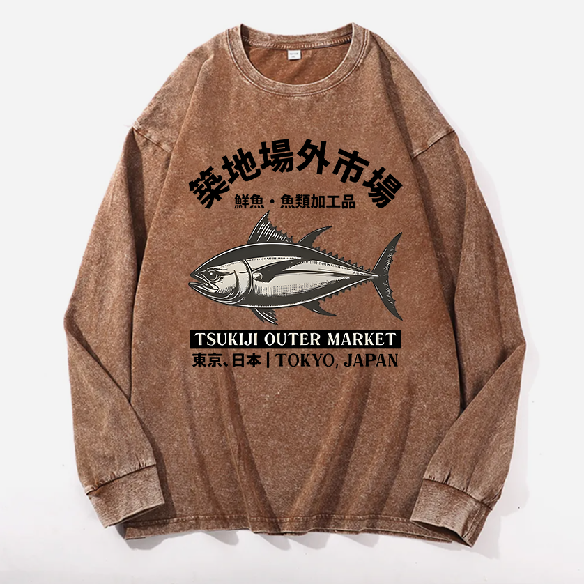 Tsukiji Outer Market Vintage Cotton Wash Crewneck Long-Sleeve T-Shirt
