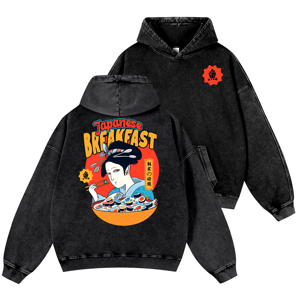 Geisha Fish Sushi Vintage Washed Cotton Back Art Hoodie