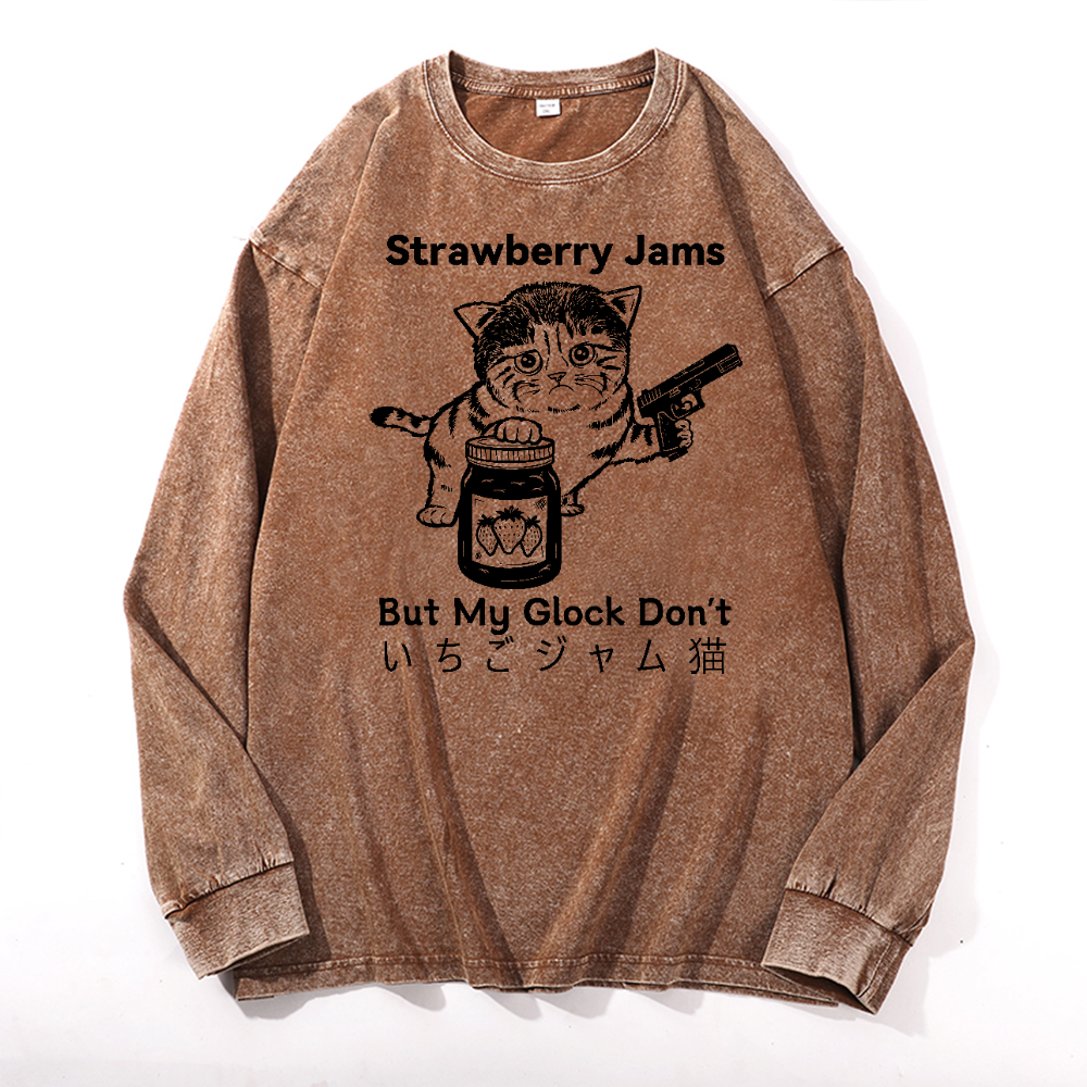 Strawberry Jams Cat Vintage Cotton Wash Long-sleeve T-shirt