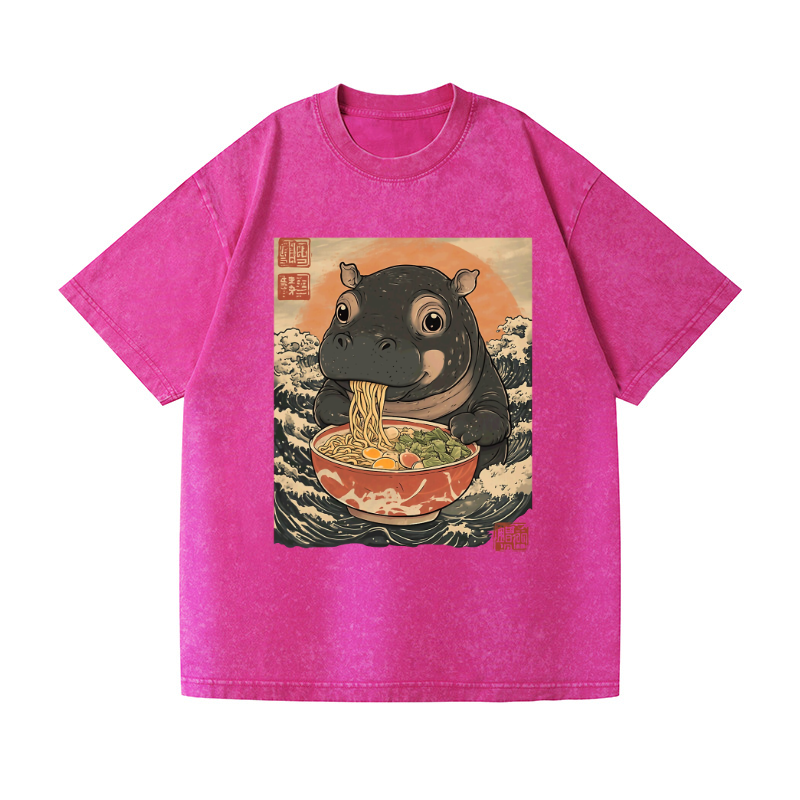Ramen Hippo Ukiyoe Wave Vintage Wash Japanese Design T-Shirt