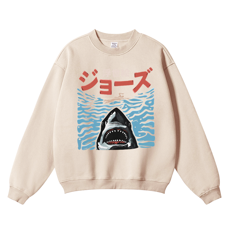 Ukiyoe Jaws Shark Vintage Cotton Blend Crewneck Sweatshirt