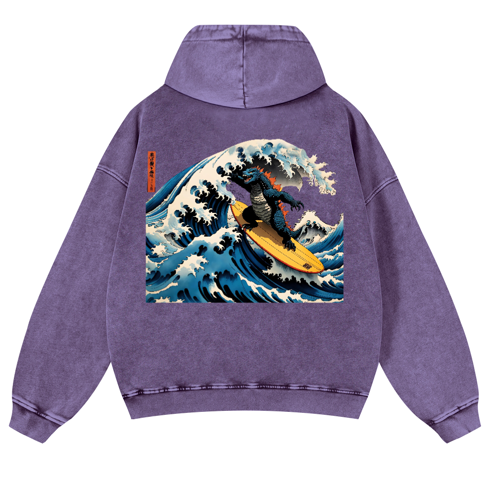 Kaiju Ukiyoe Wave Vintage Washed Cotton Back Art Hoodie