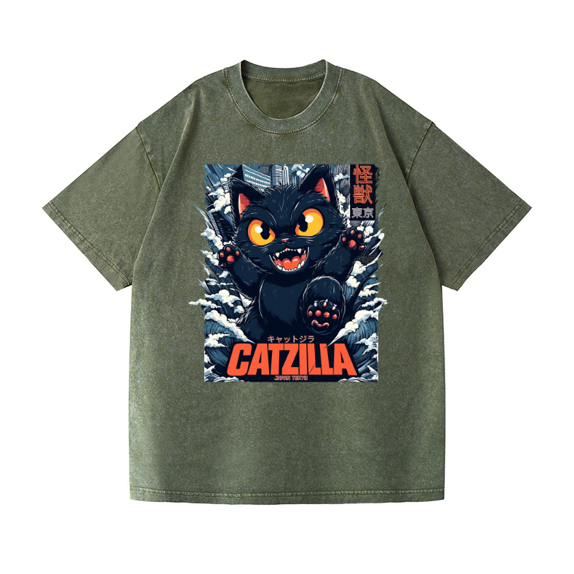 Black Cat Kaiju Catzilla Vintage Wash Japanese Design T-Shirt