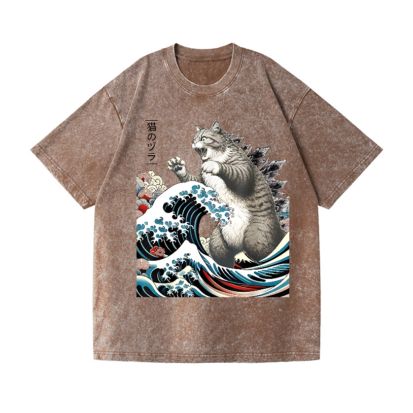Cat Kaiju Ukiyoe Great Wave Vintage Wash Japanese Design T-Shirt