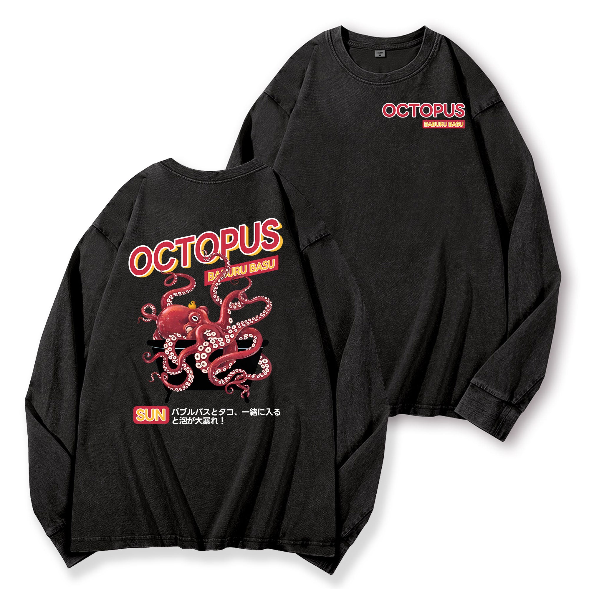 Bubble Bath Octopus Vintage Washed Cotton Back Art Long-sleeve T-shirt