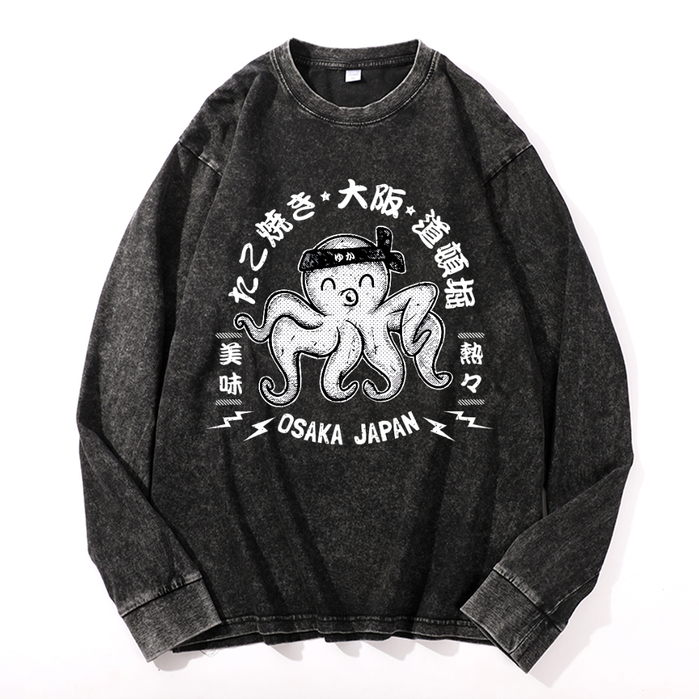 Octopus Takoyaki Osaka Japan Vintage Cotton Wash Crewneck Long-Sleeve T-Shirt