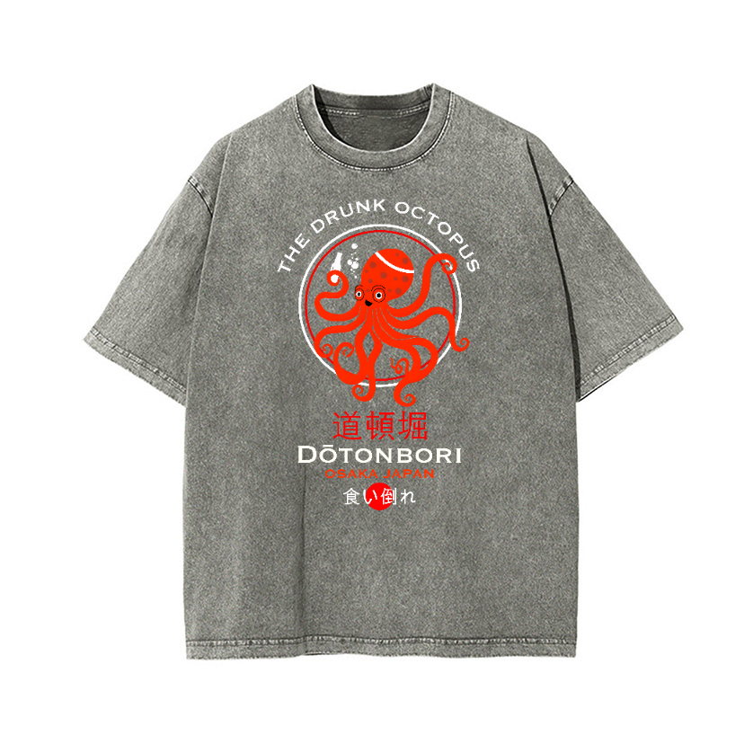 The Drunk Octopus Dotonbori Osaka Japan Vintage Wash Japanese Design T-Shirt