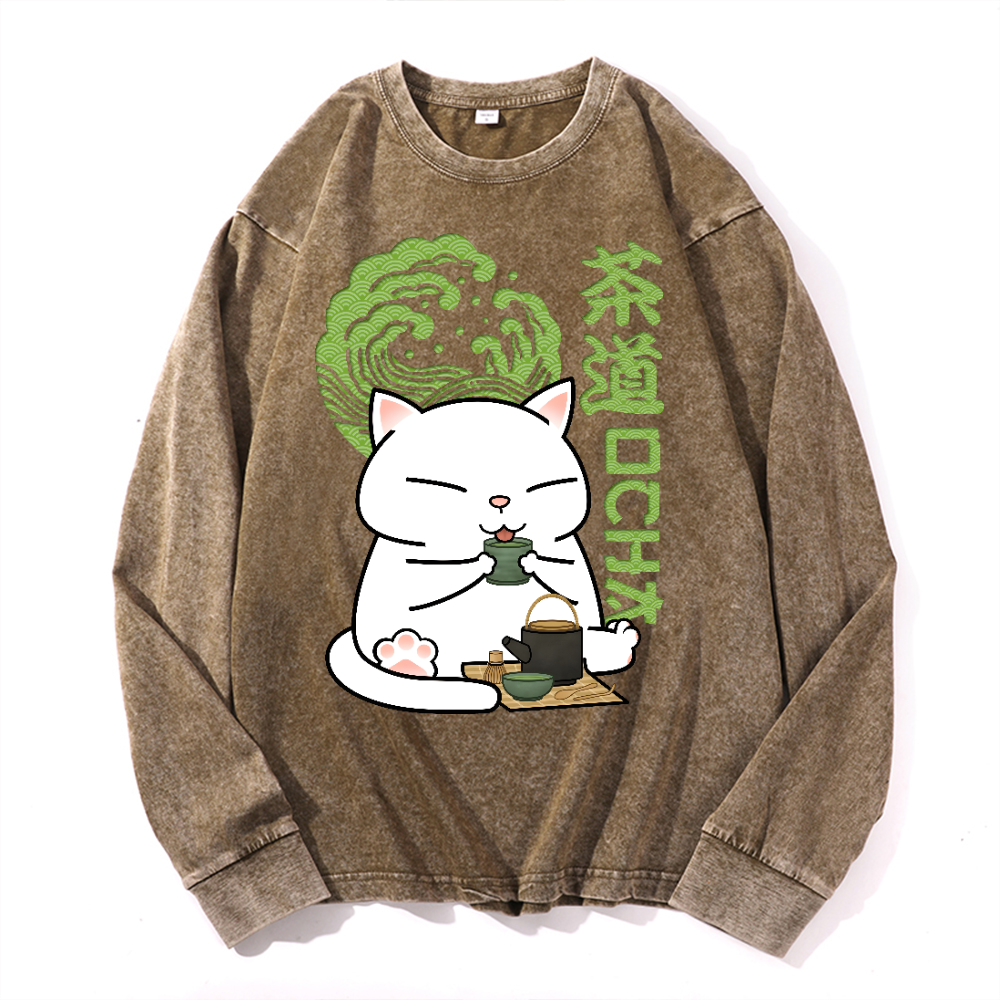 Cat tea Vintage Cotton Wash Crewneck Long-Sleeve T-Shirt