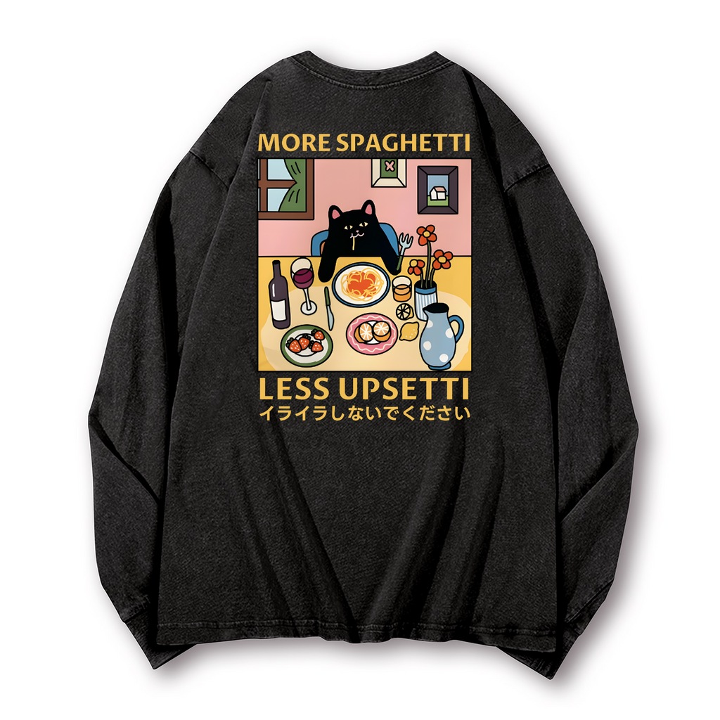 Spaghetti Cat Vintage Washed Cotton Back Art Long-sleeve T-shirt