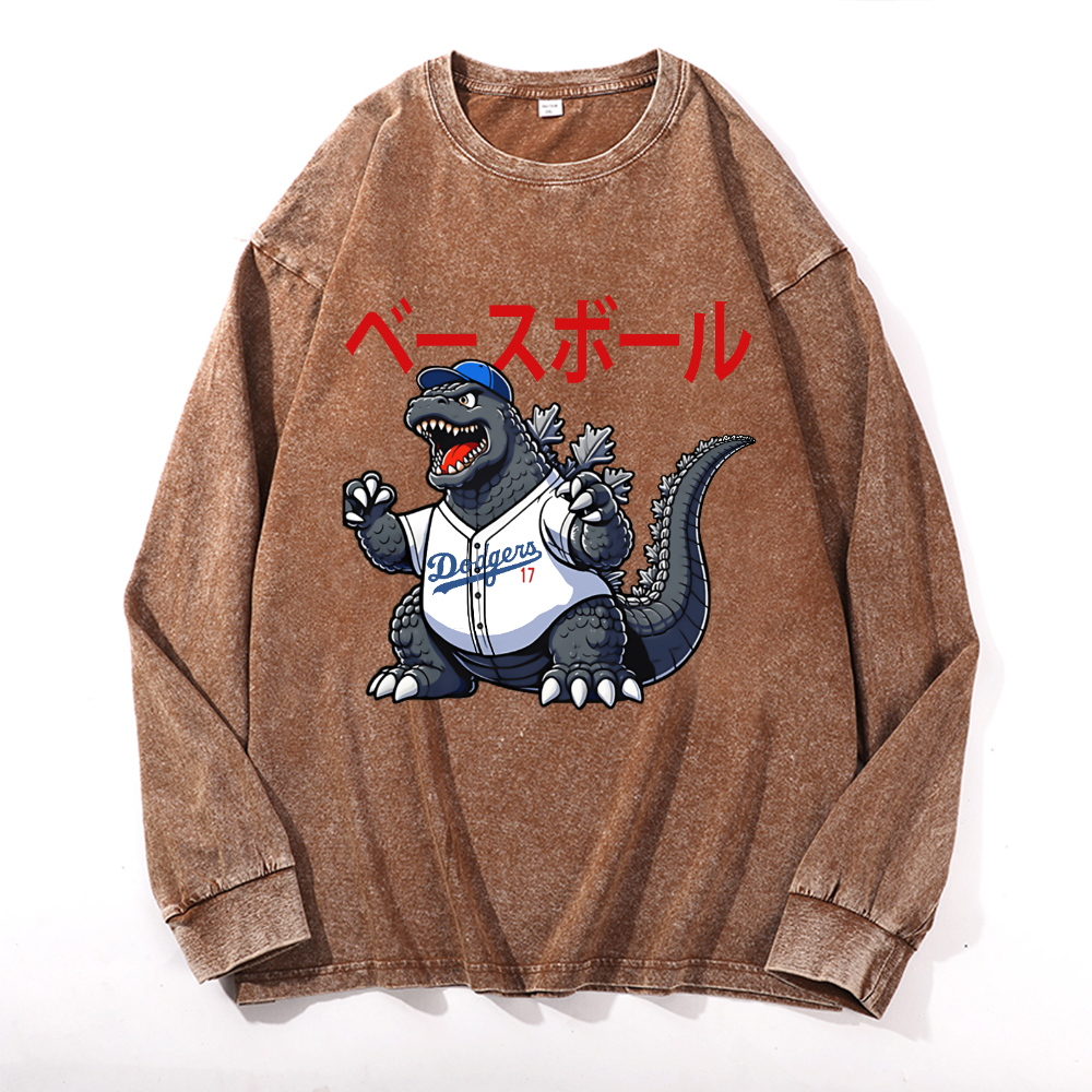 Dodgers Kaiju 17 Baseball Vintage Cotton Wash Long-sleeve T-shirt