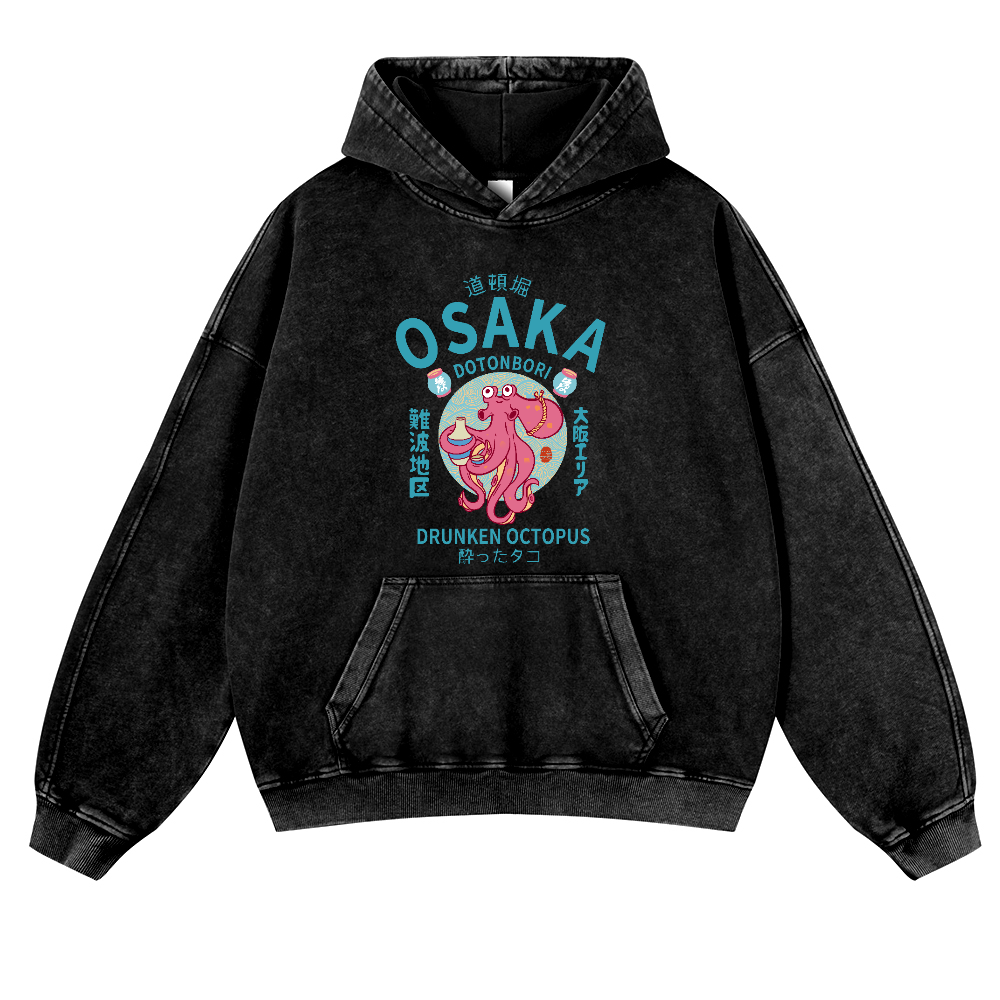 Osaka Dotonbori Drunken Octopus Vintage Washed Thick Cotton Hoodie