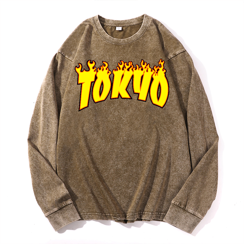 Tokyo Vintage Cotton Wash Crewneck Long-Sleeve T-Shirt