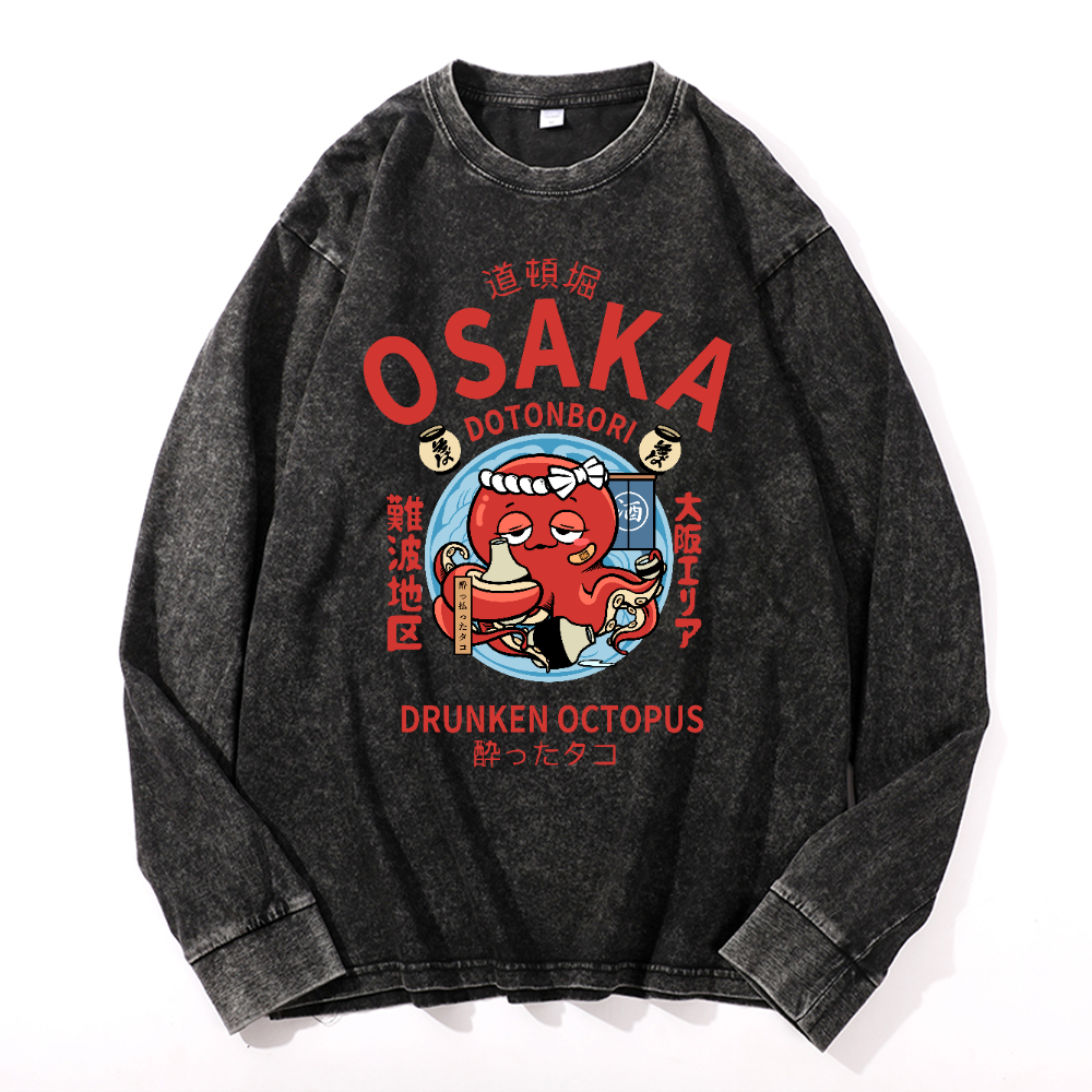 Osaka Dotonbori Drunken Octopus Vintage Cotton Wash Crewneck Long-Sleeve T-Shirt