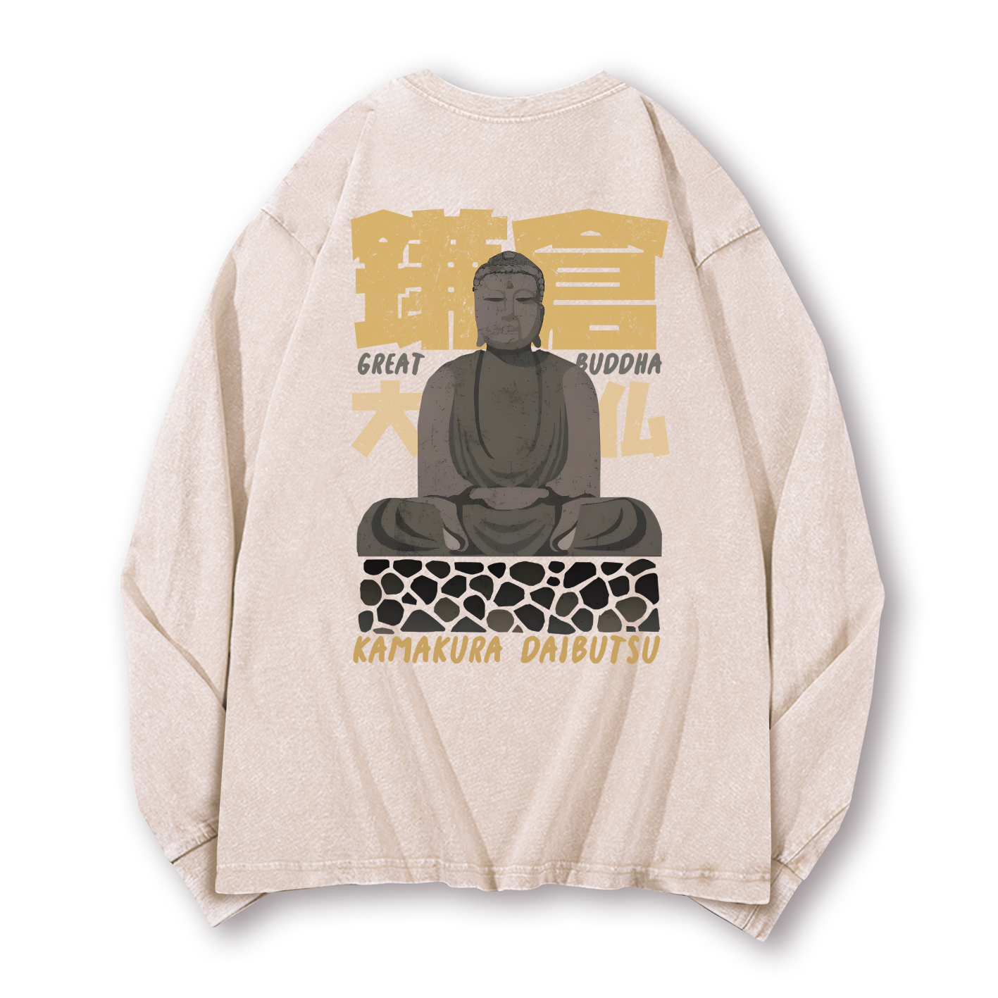 Buddhism Kamakura Daibutsu Great Buddha Vintage Washed Cotton Back Art Long-sleeve T-shirt