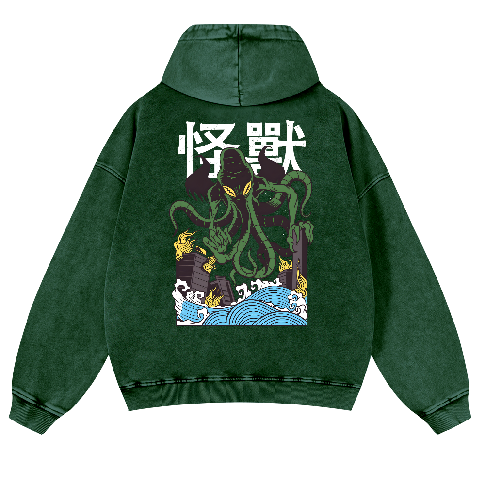 Octopus Monster Vintage Washed Cotton Back Art Hoodie