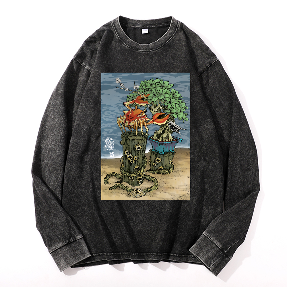 Bonsai Vintage Cotton Wash Crewneck Long-Sleeve T-Shirt