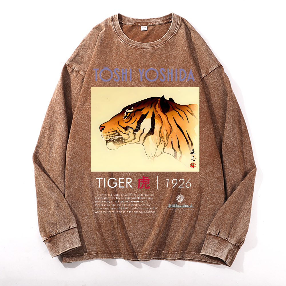 Tiger Vintage Cotton Wash Crewneck Long-Sleeve T-Shirt