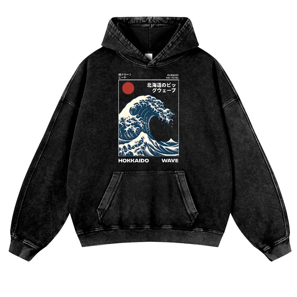 Hokkaido The Great Wave off Kanagawa Ukiyoe Vintage Washed Thick Cotton Hoodie