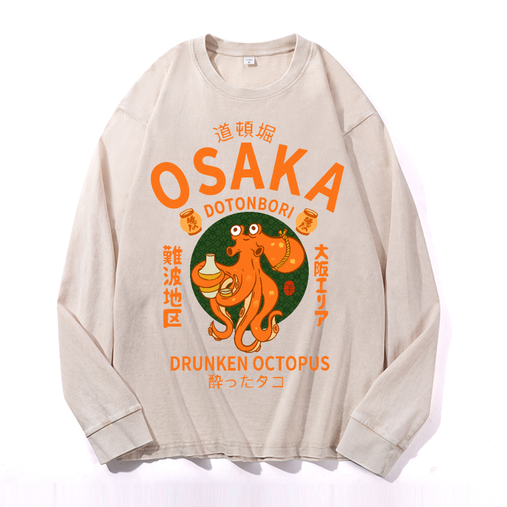 Osaka Dotonbori Drunken Octopus Vintage Cotton Wash Crewneck Long-Sleeve T-Shirt