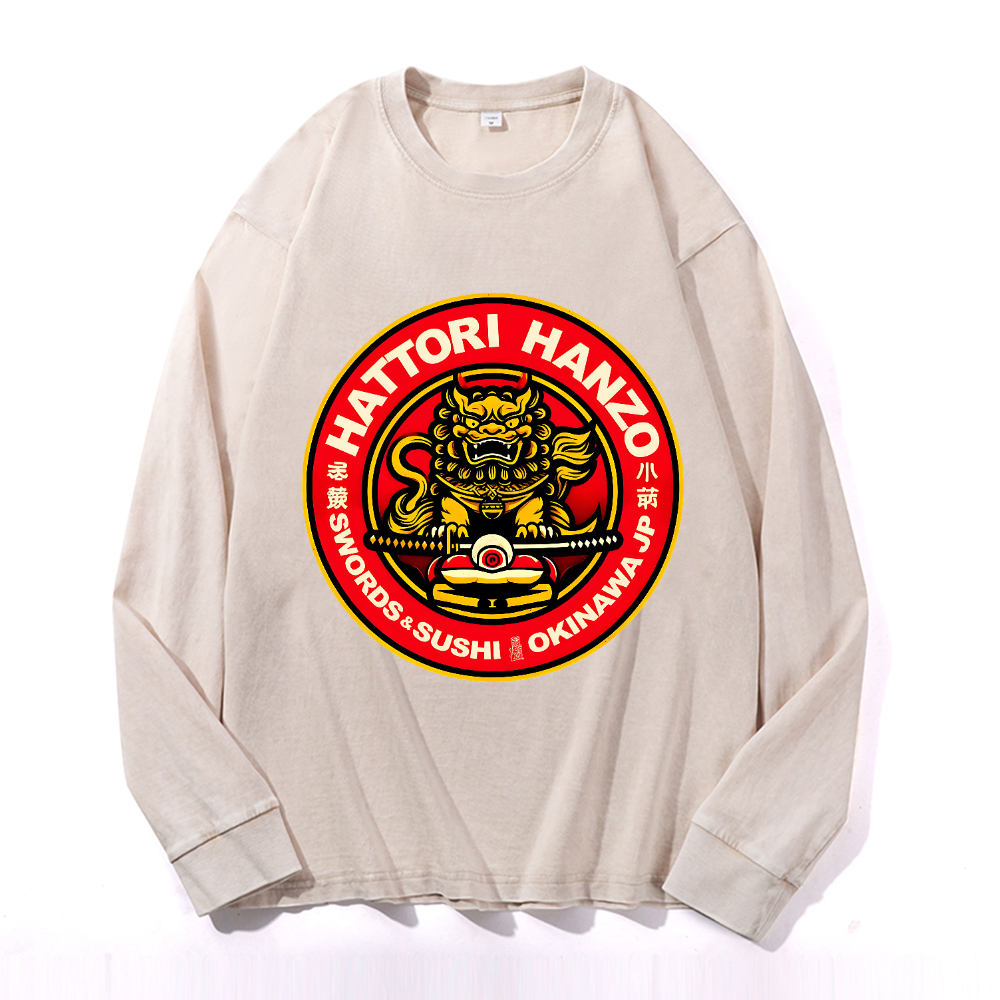 Hattori Hanzo Komainu Okinawa Japan Vintage Cotton Wash Crewneck Long-Sleeve T-Shirt