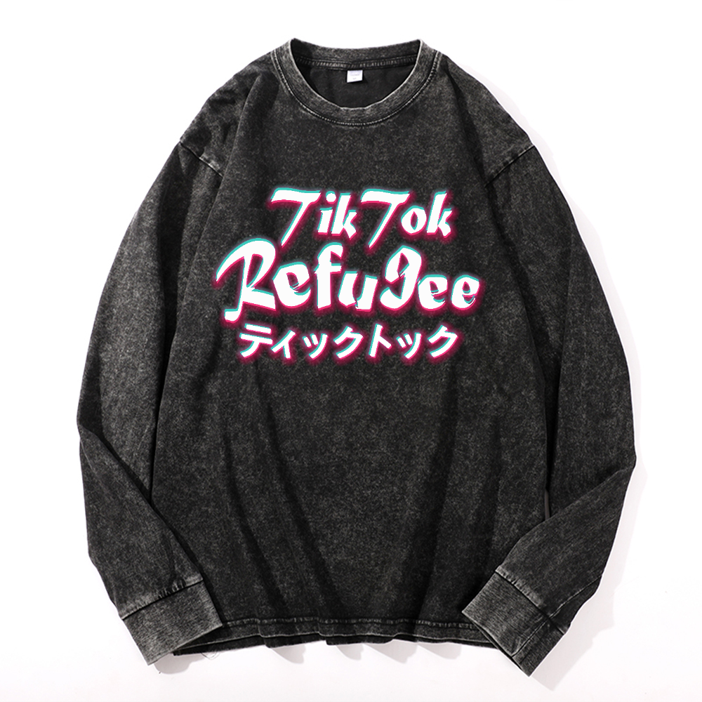 Tik Tok Refugee Vintage Cotton Wash Crewneck Long-Sleeve T-Shirt