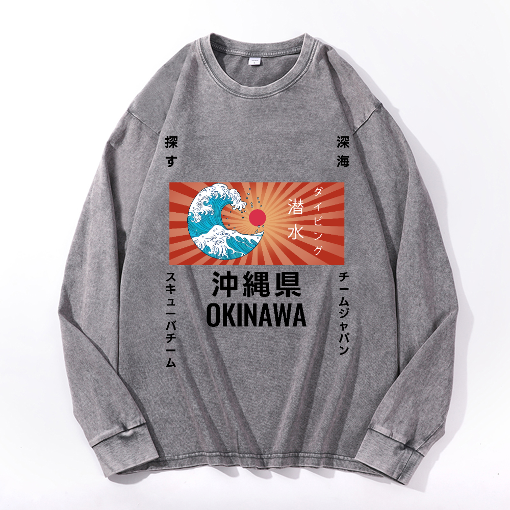 Okinawa Wave Vintage Cotton Wash Crewneck Long-Sleeve T-Shirt