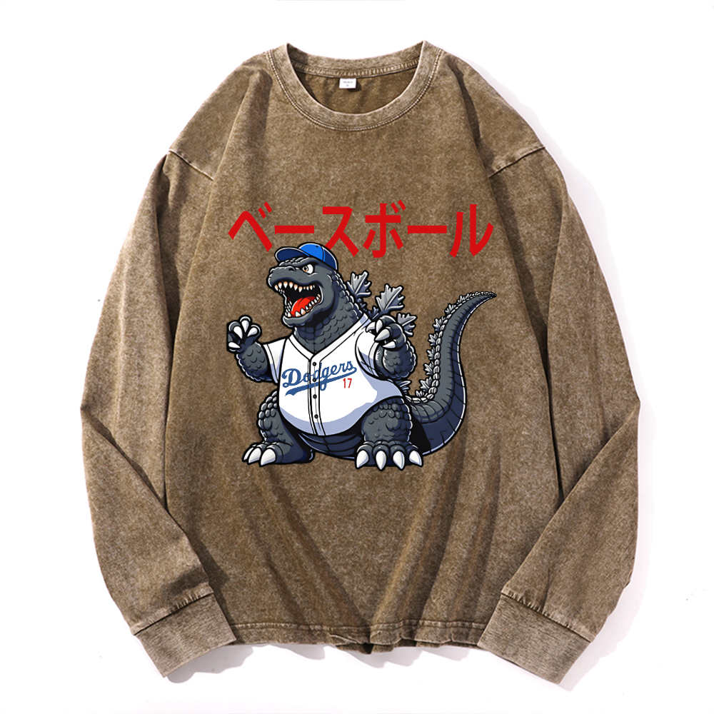Dodgers Kaiju 17 Baseball Vintage Cotton Wash Long-sleeve T-shirt