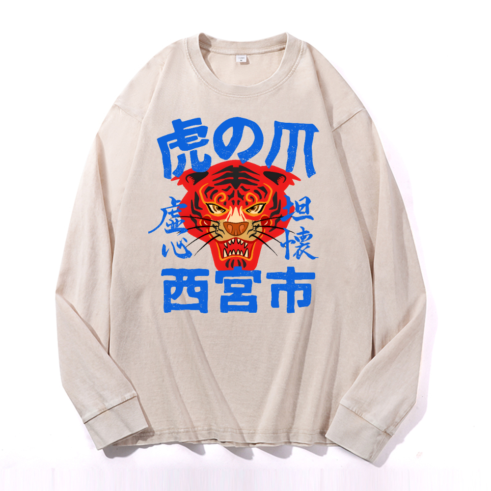 Tiger Vintage Cotton Wash Crewneck Long-Sleeve T-Shirt