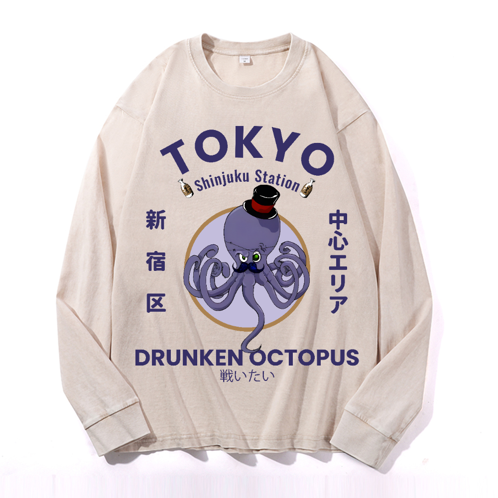 Tokyo Octopus Vintage Cotton Wash Crewneck Long-Sleeve T-Shirt