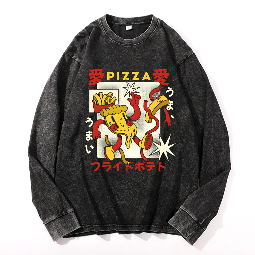 Pizza Vintage Cotton Wash Crewneck Long-Sleeve T-Shirt