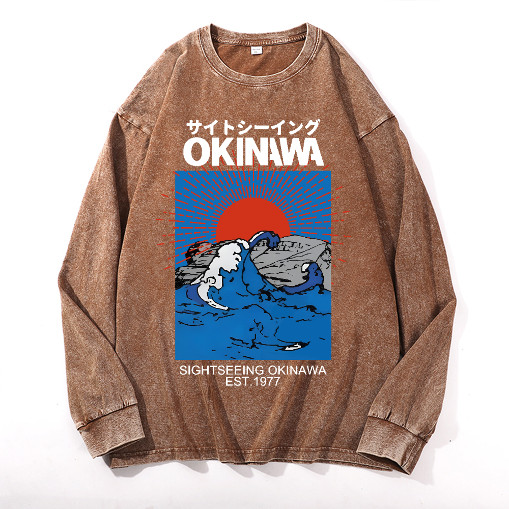 Okinawa Wave Vintage Cotton Wash Crewneck Long-Sleeve T-Shirt