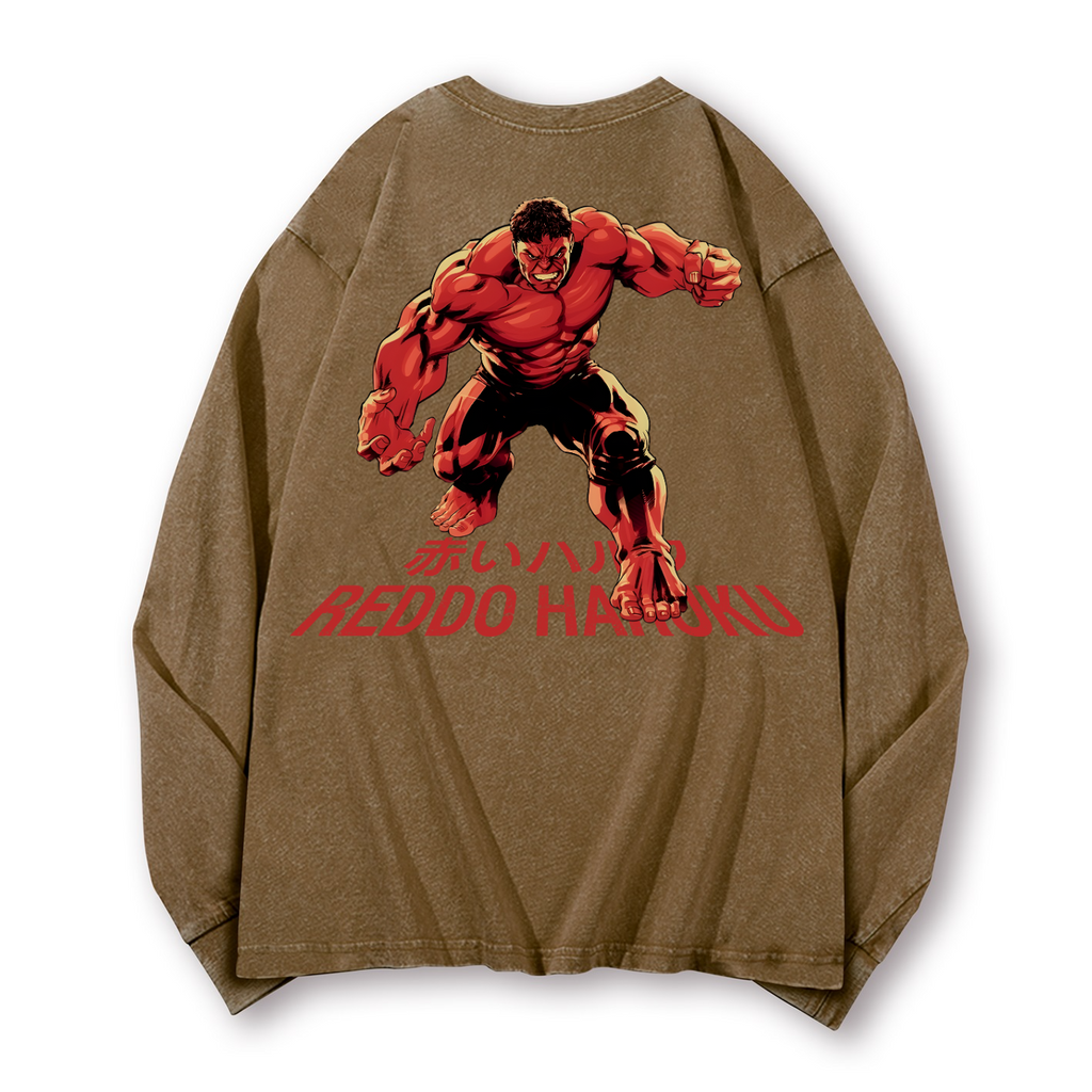 Reddo Haruku Vintage Washed Cotton Back Art Long-sleeve T-shirt