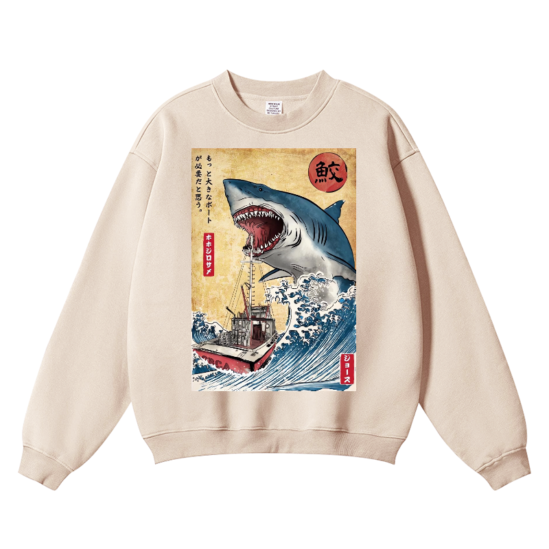 Shark Ukiyoe Vintage Cotton Blend Crewneck Sweatshirt