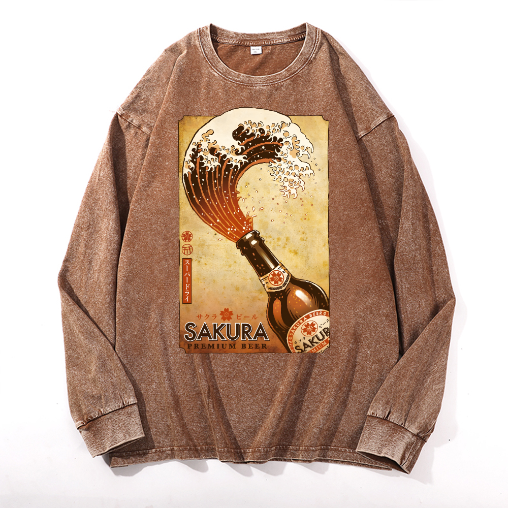 Sakura Wave Vintage Cotton Wash Crewneck Long-Sleeve T-Shirt