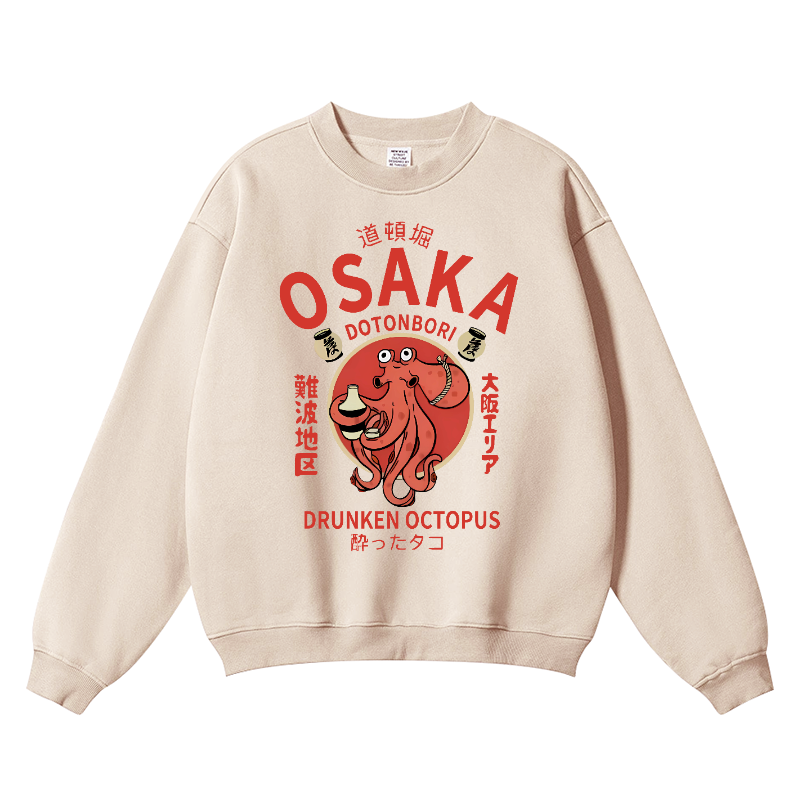 Osaka Dotonbori Drunken Octopus Vintage Cotton Blend Crewneck Sweatshirt