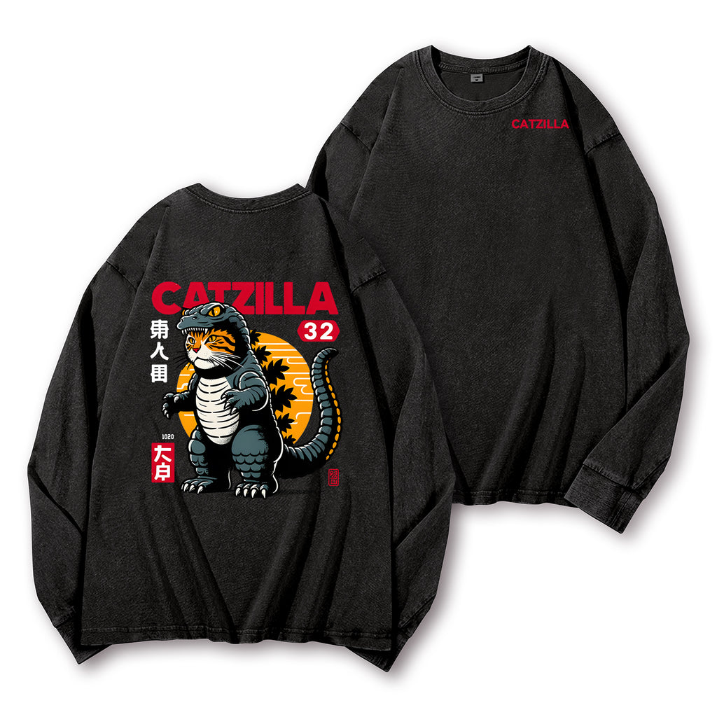 Cat Kaiju Catzilla Vintage Washed Cotton Back Art Long-sleeve T-shirt