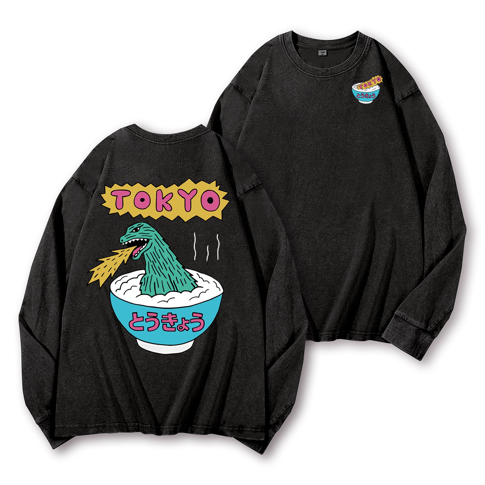 Kaiju The Monster Rice of Tokyo Vintage Washed Cotton Back Art Long-sleeve T-shirt