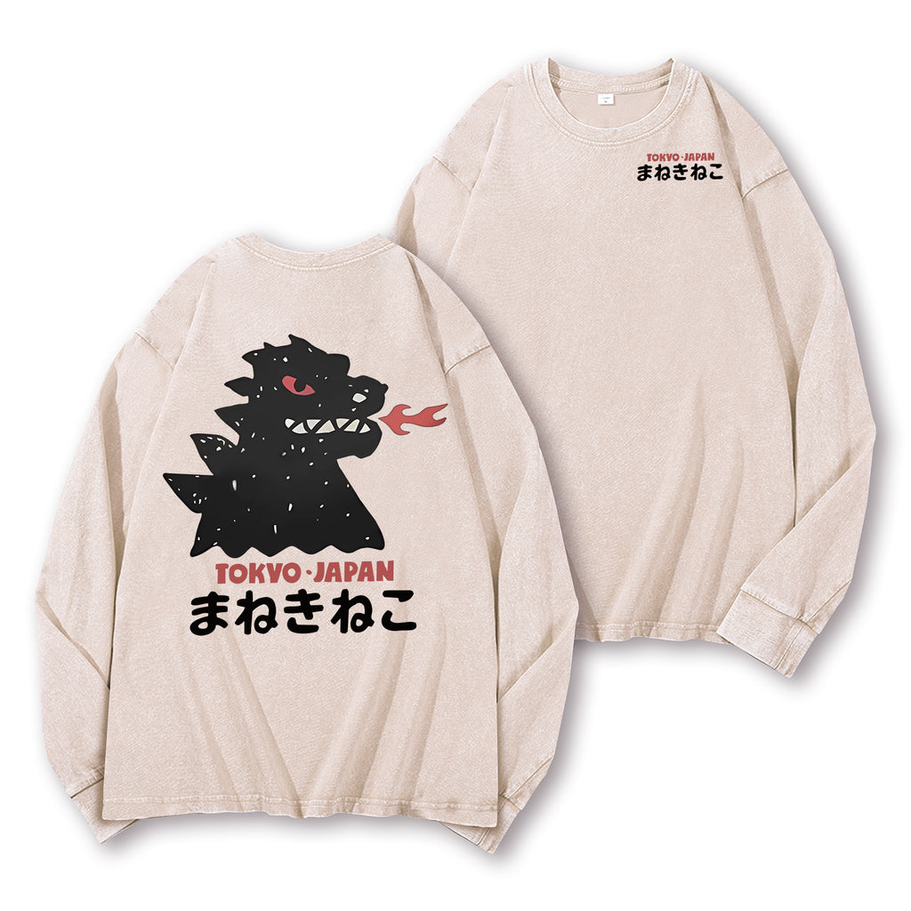 Kaiju Monster Tokyo Japan Vintage Washed Cotton Back Art Long-sleeve T-shirt