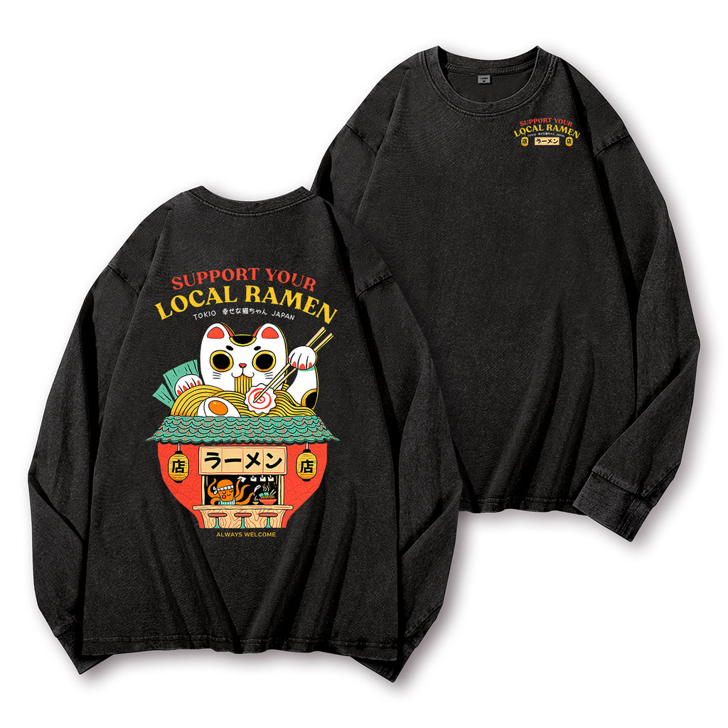 Ramen Lucky Cat Vintage Washed Cotton Back Art Long-sleeve T-shirt