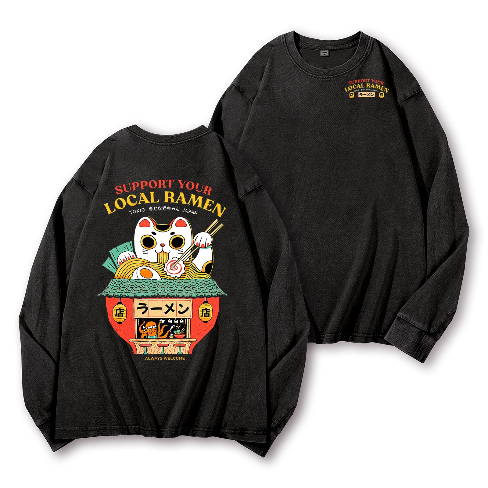 Ramen Lucky Cat Vintage Washed Cotton Back Art Long-sleeve T-shirt
