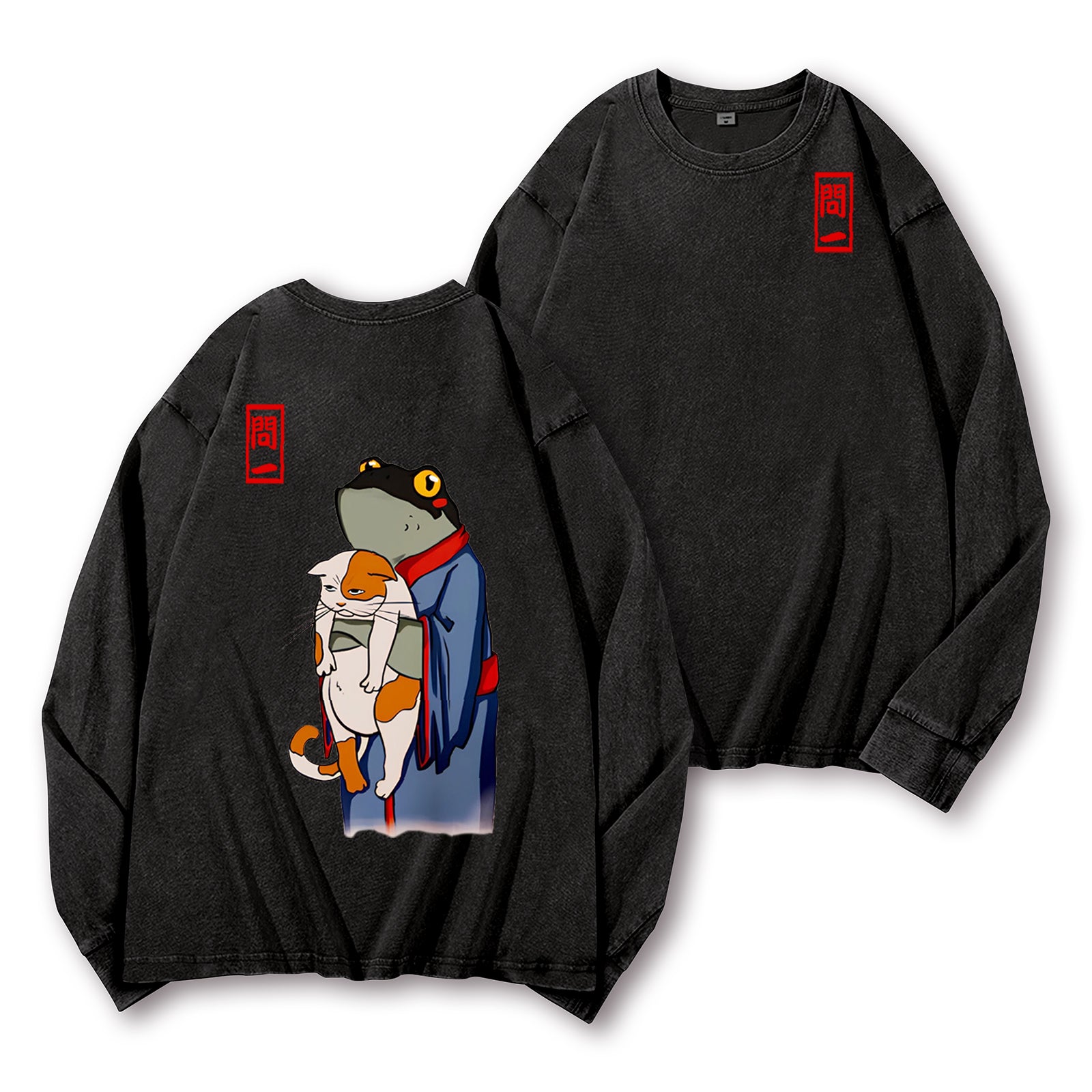 Frog and Cat Vintage Washed Cotton Back Art Long-sleeve T-shirt
