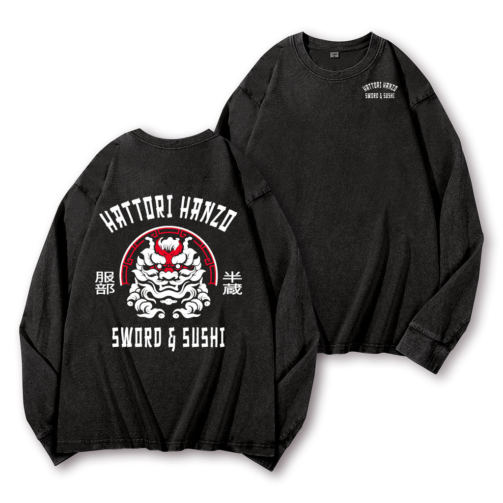 Hattori Hanzo Komainu Vintage Washed Cotton Back Art Long-sleeve T-shirt