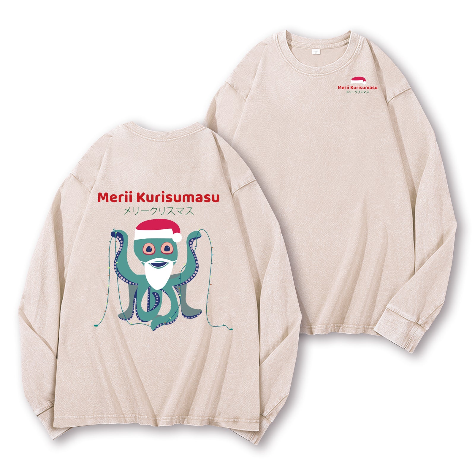 Christmas Octopus Vintage Washed Cotton Back Art Long-sleeve T-shirt