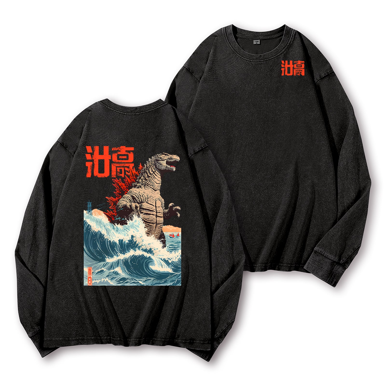 Kaiju Wave Vintage Washed Cotton Back Art Long-sleeve T-shirt