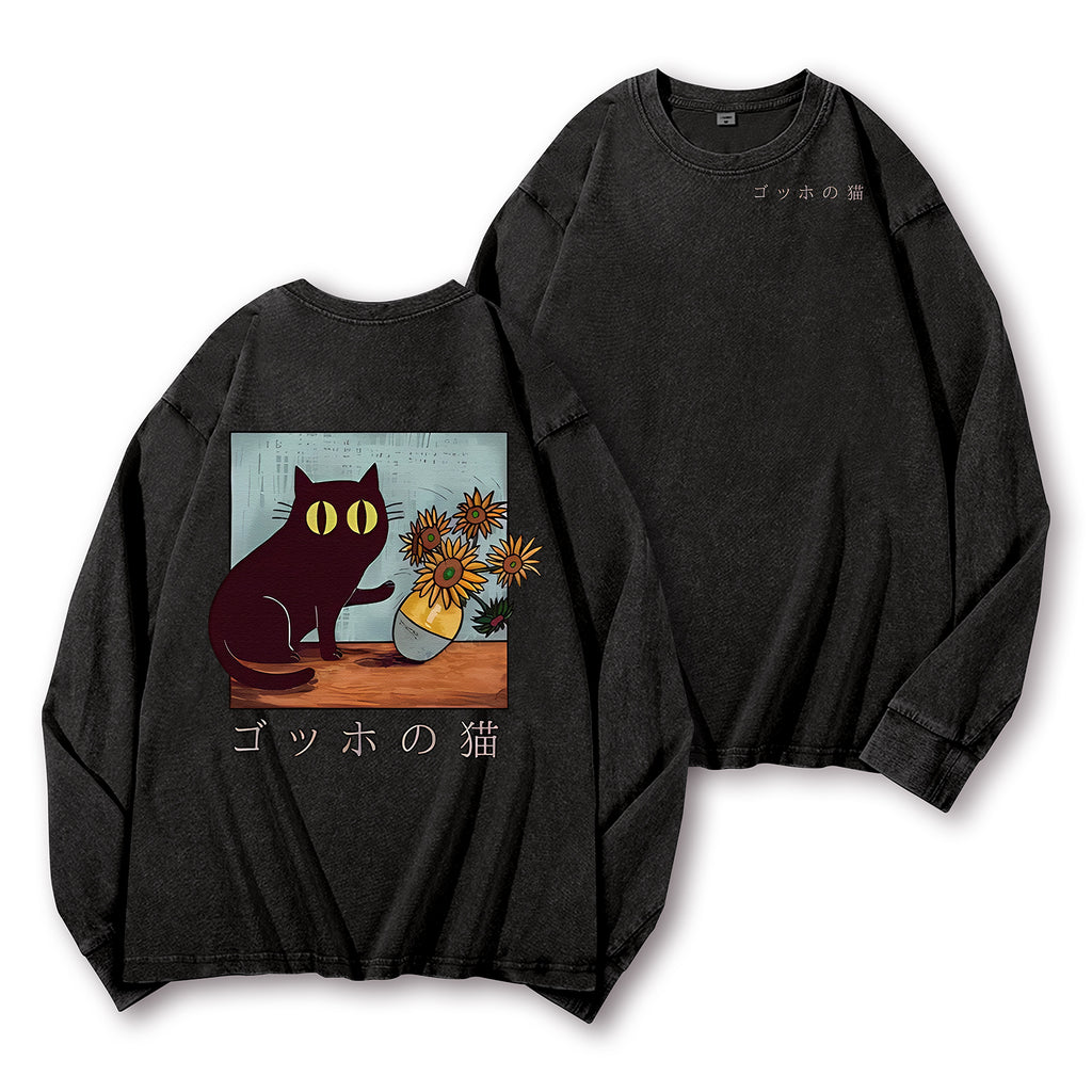 Cat Vintage Washed Cotton Back Art Long-sleeve T-shirt