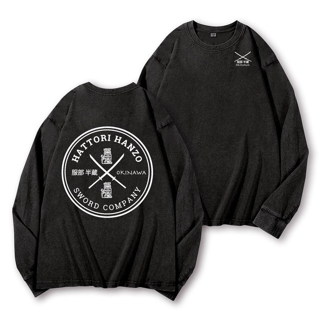 Hattori Hanzo Komainu Okinawa Sword Company Vintage Washed Cotton Back Art Long-sleeve T-shirt