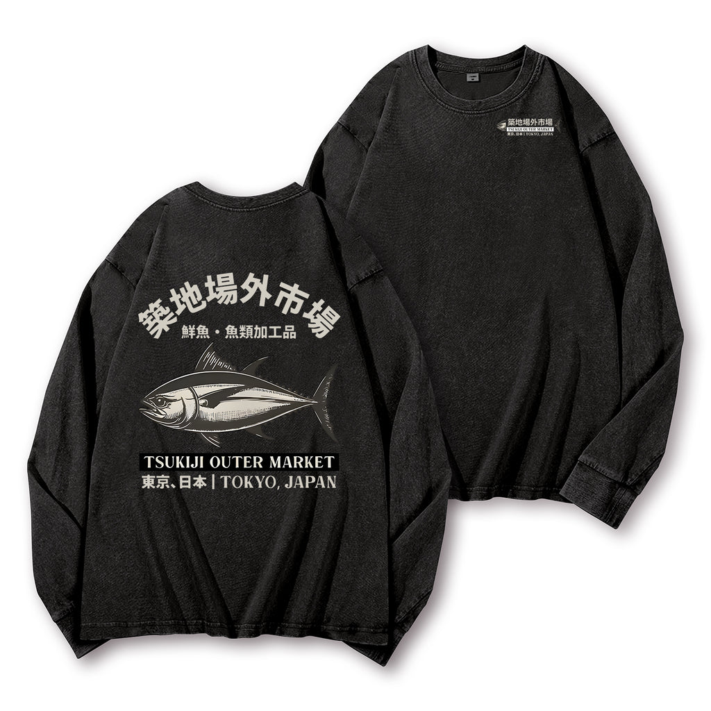 Tsukiji Market Tuna Fish Vintage Washed Cotton Back Art Long-sleeve T-shirt