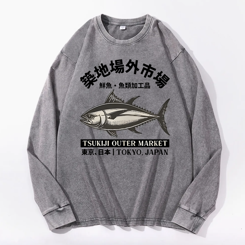 Tsukiji Outer Market Vintage Cotton Wash Crewneck Long-Sleeve T-Shirt